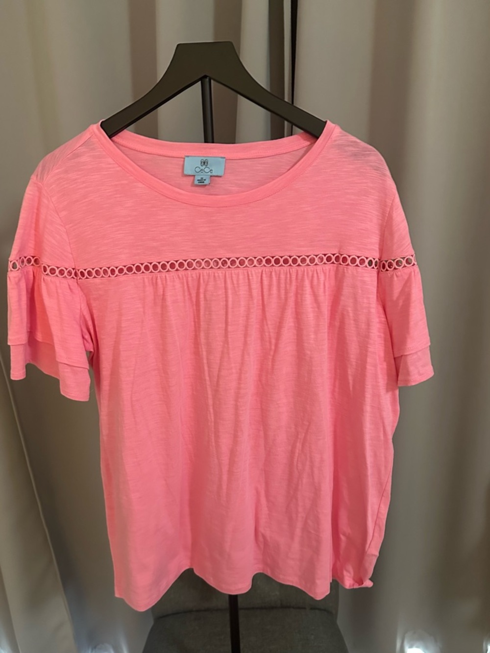 CeCe Coral Pink Lace-Trim Ruffle Sleeve Top